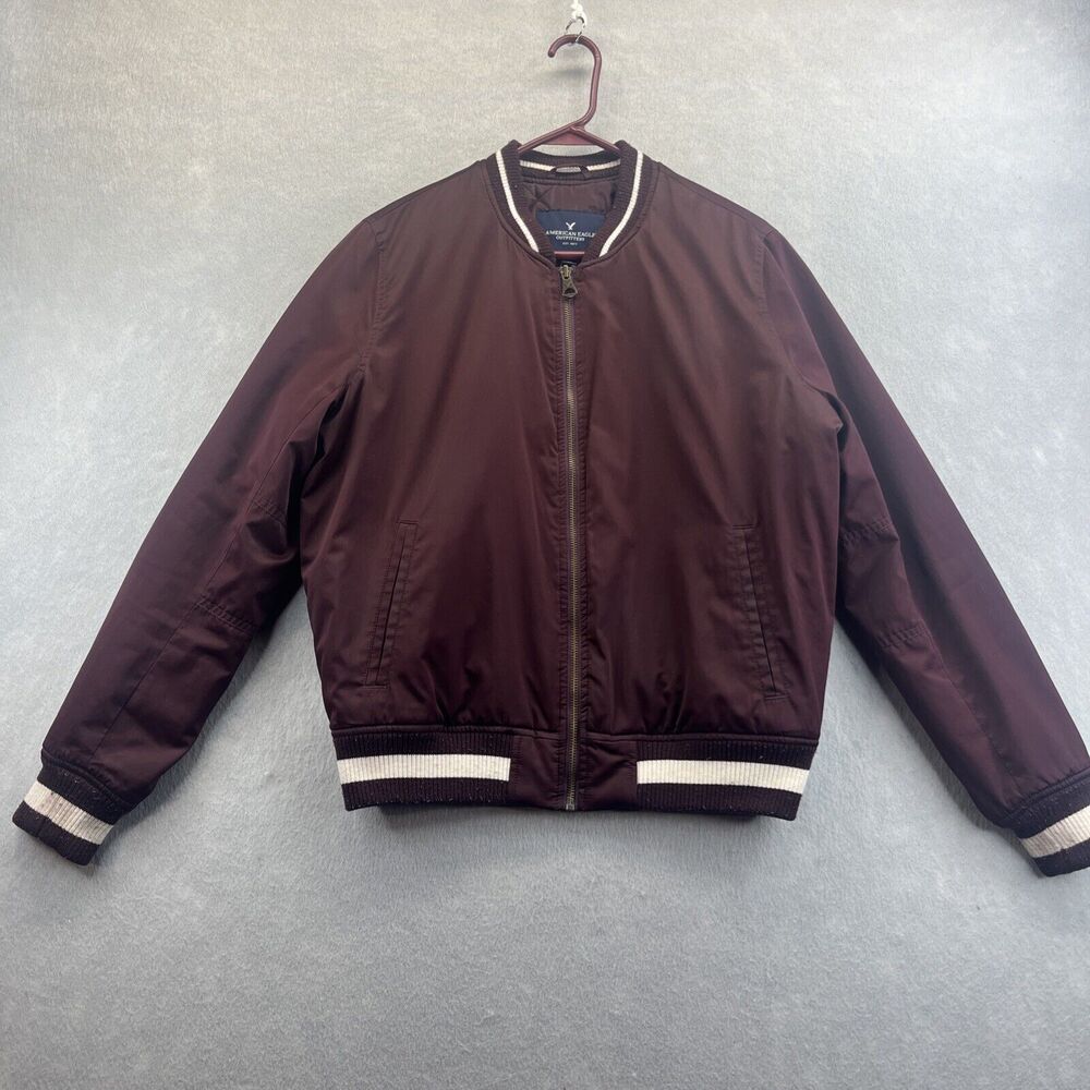 American Eagle Womens XL Maroon Bomber Puffer Burgundy Jacket White Stripes